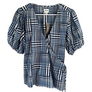 J. Crew Plaid Puff Sleeve Wrap Top Size Large Blue White V-Neck Short Sleeve NEW